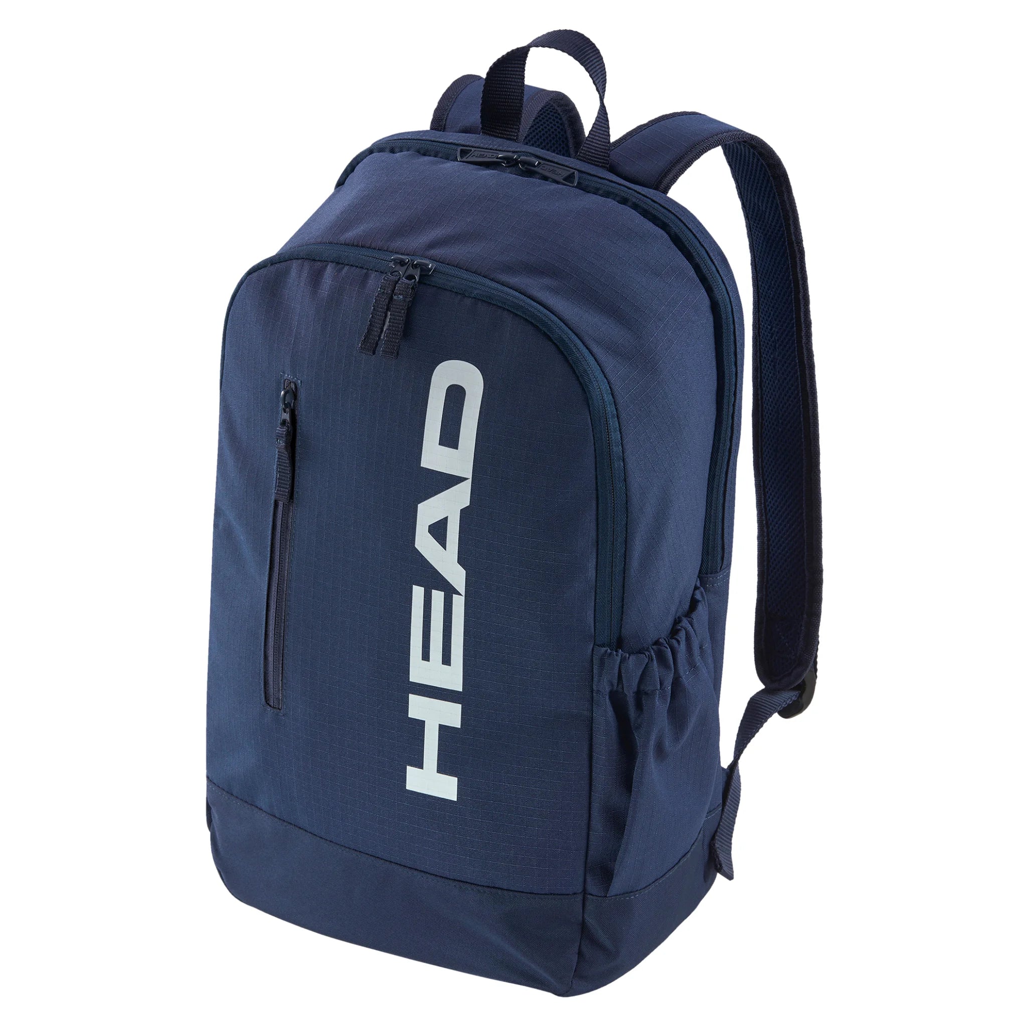 Side-on angle view of Base Backpack 17L 54×33×13 cm in navy, highlighting racket compartment zip and compact silhouette.
