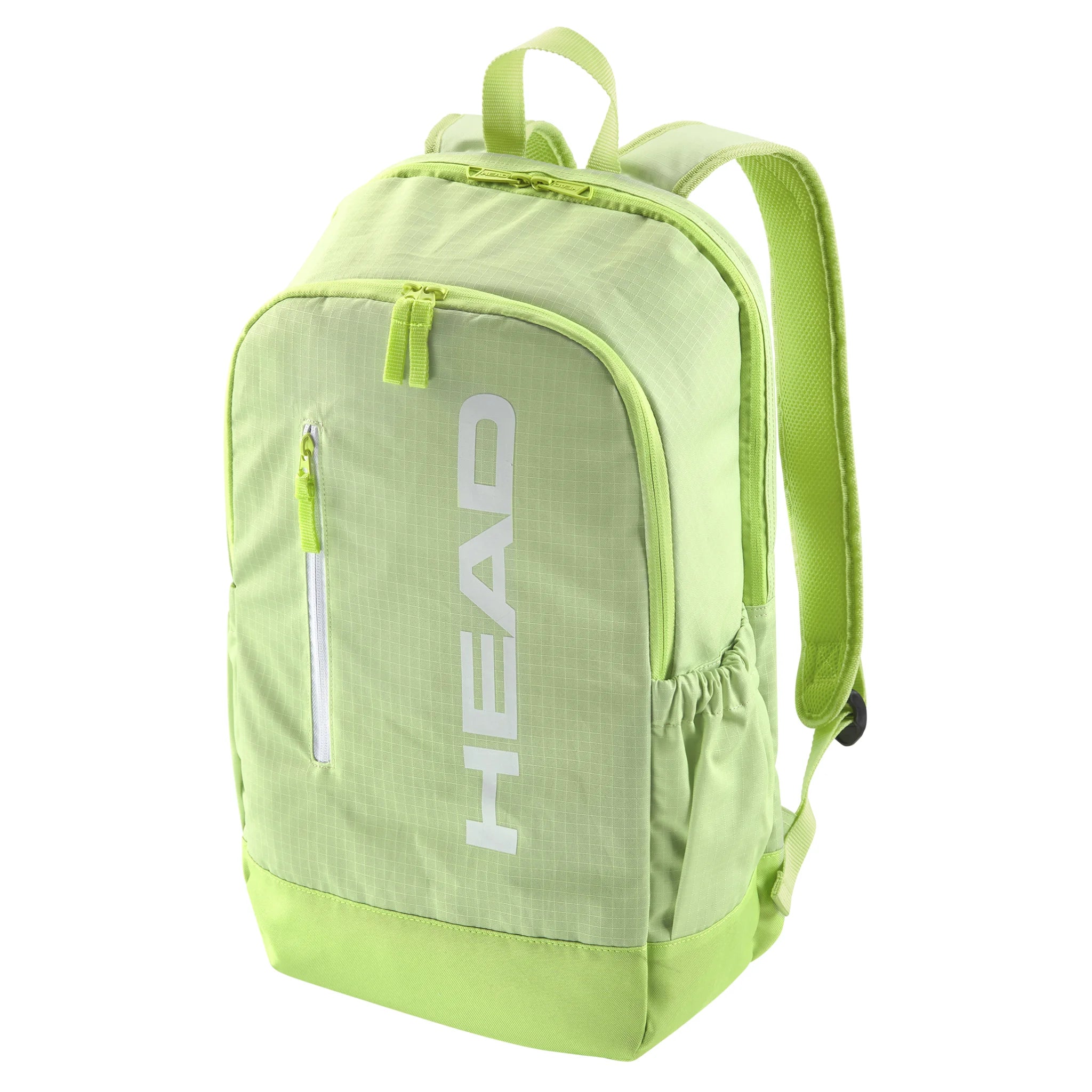 Side-on angle view of Base Backpack 17L 54×33×13 cm in sage green, highlighting large front zip pocket and clean stitching.