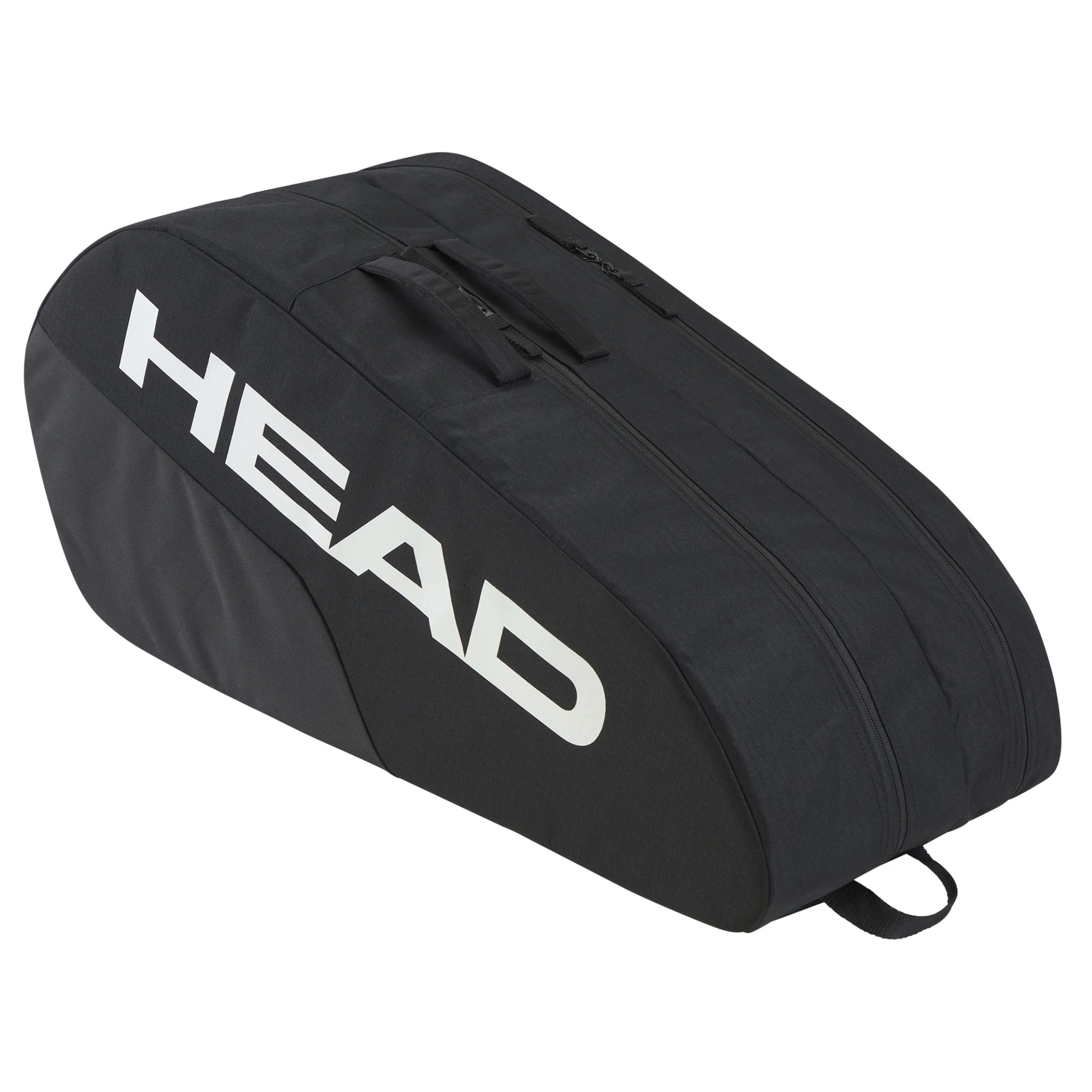 Side-on angled view of BASE Racket Bag Medium, 50L, 76×32×28cm, highlighting black panels and reinforced build.