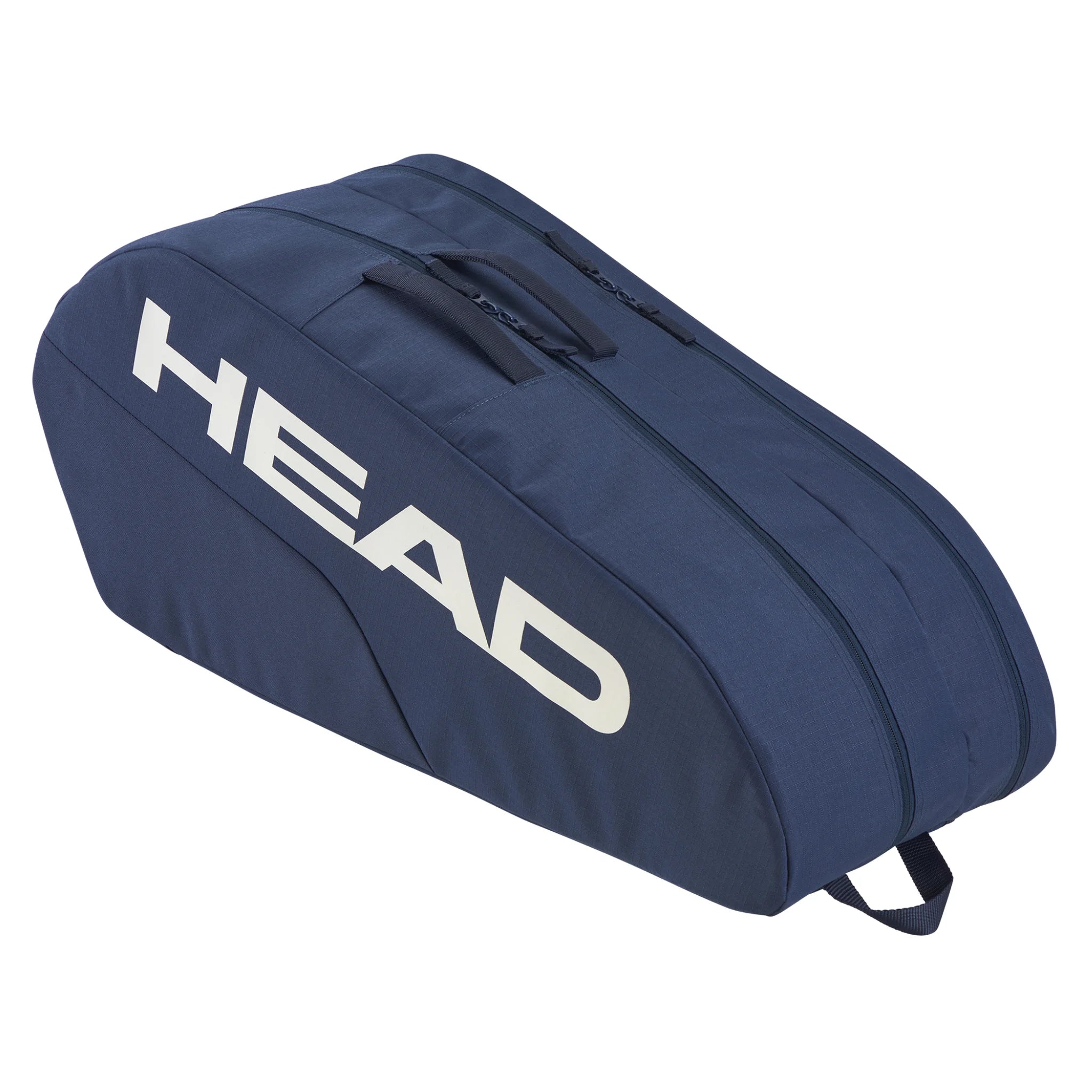 Side-on angled view of BASE Racket Bag Medium, 50L, 76×32×28cm, highlighting navy panels and twin main compartment zips.