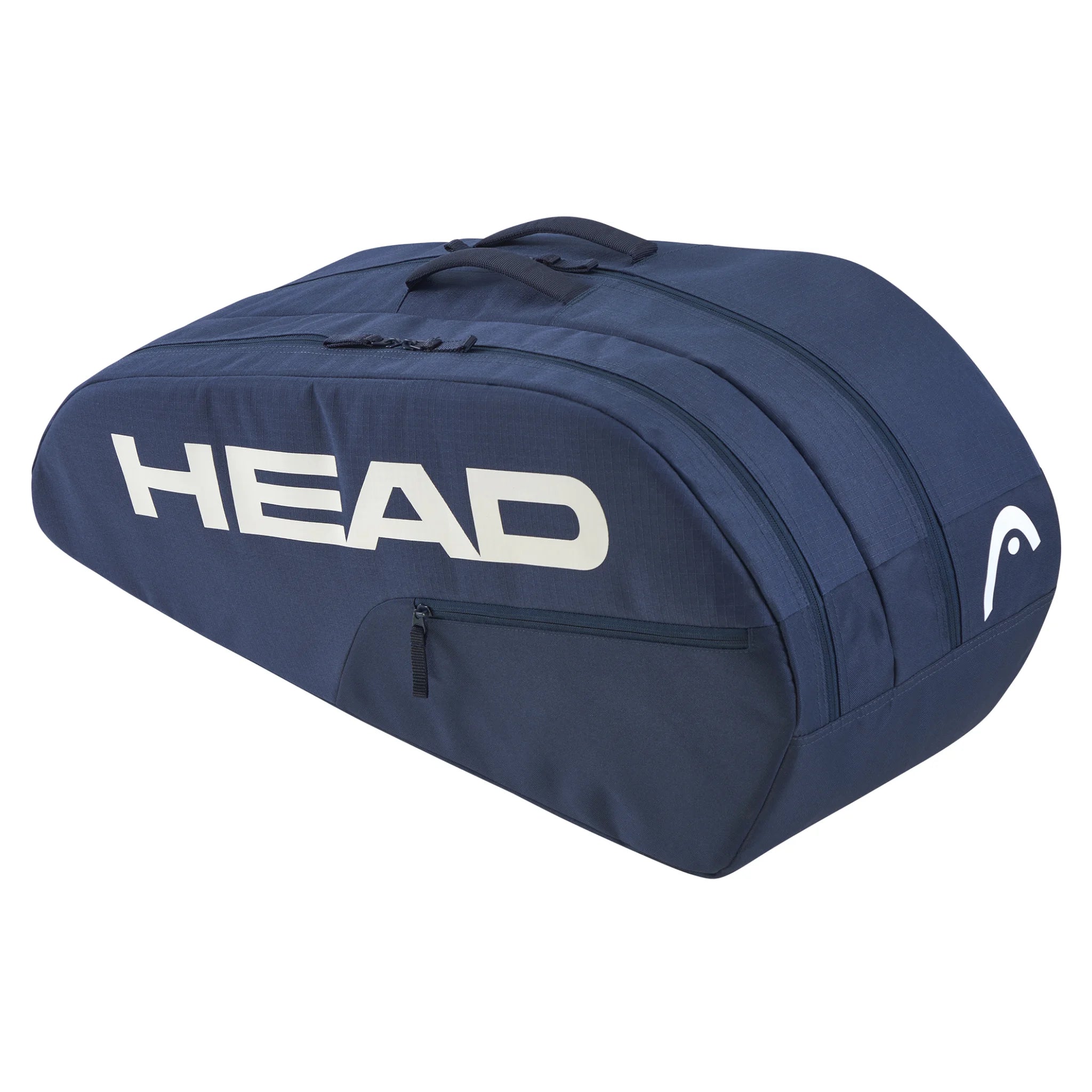 Opposite side-on angled view of BASE Racket Bag Medium, 50L, 76×32×28cm, highlighting navy straps and accessory pocket.