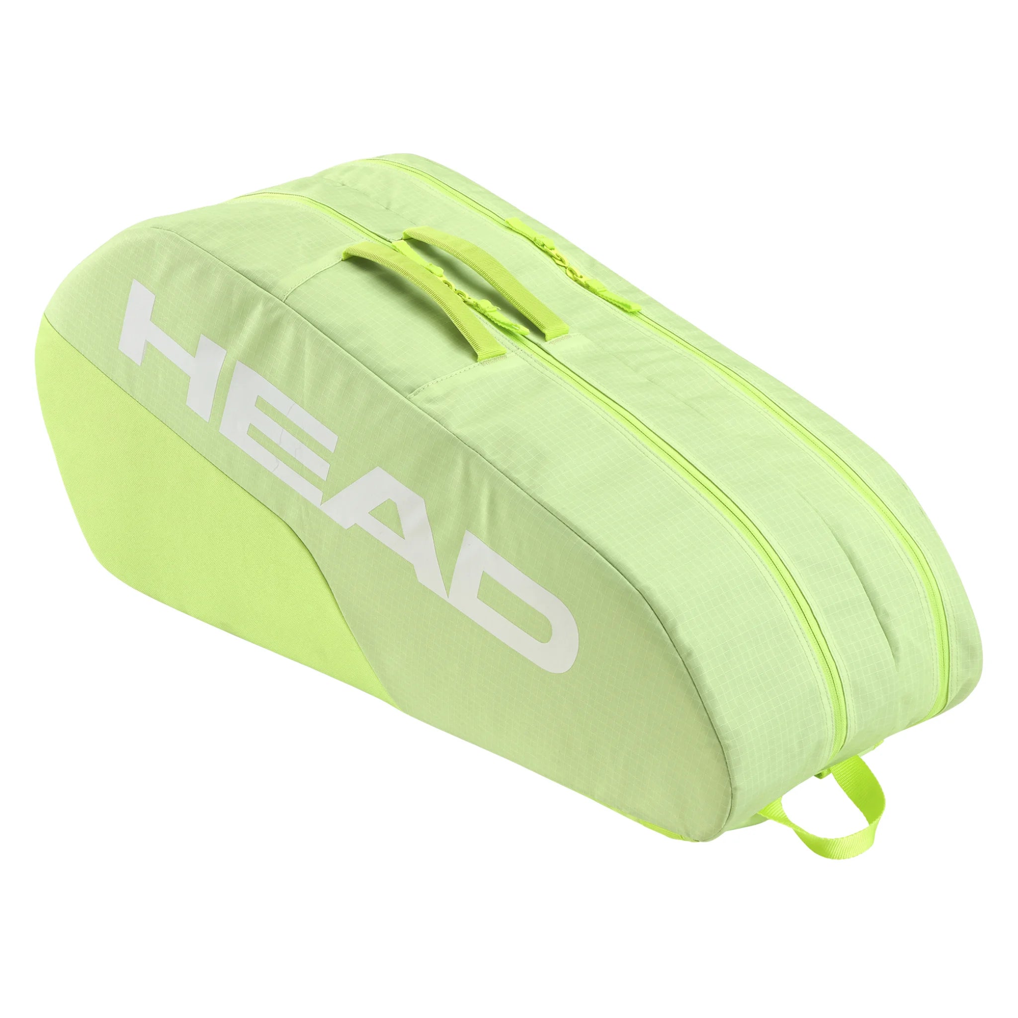 Side-on angled view of BASE Racket Bag Medium, 50L, 76×32×28cm, highlighting sage green panels and reinforced sidewalls.