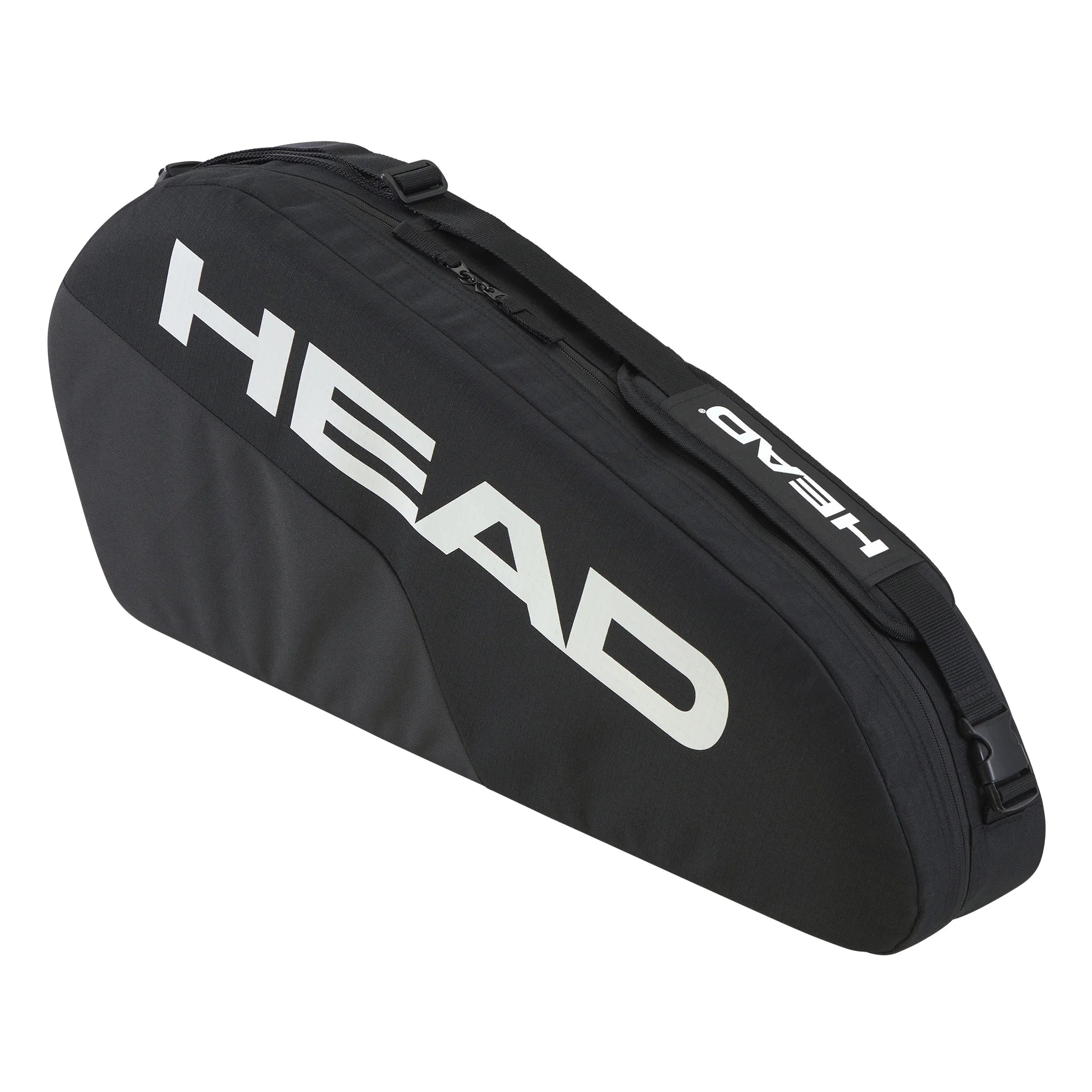 Side-on angled view of HEAD Base Racket Bag Small 16L, 76x32x9 cm, highlighting black finish and reinforced side panel.