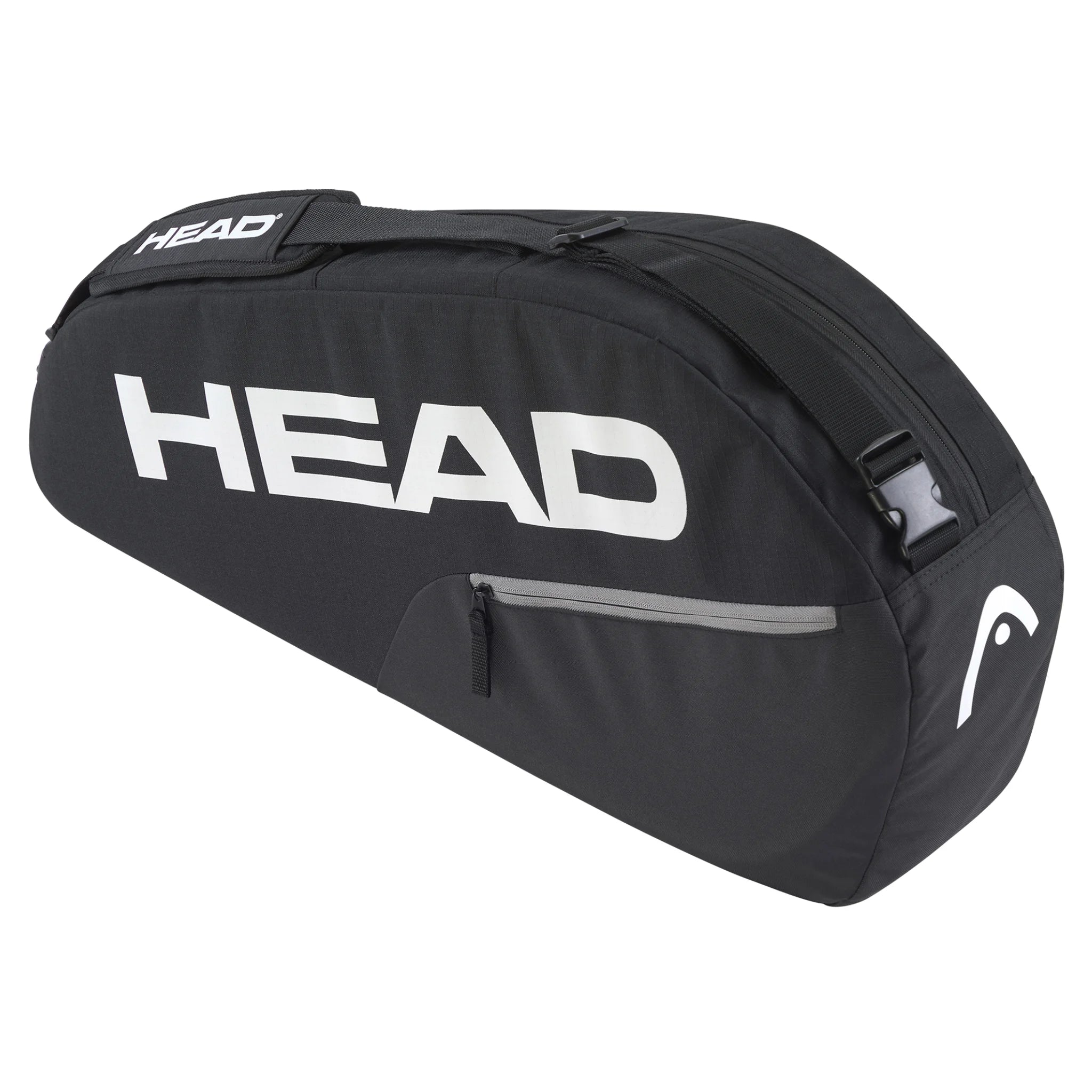 Opposite side-on angled view of HEAD Base Racket Bag Small 16L, 76x32x9 cm, highlighting black colour and shoulder strap.