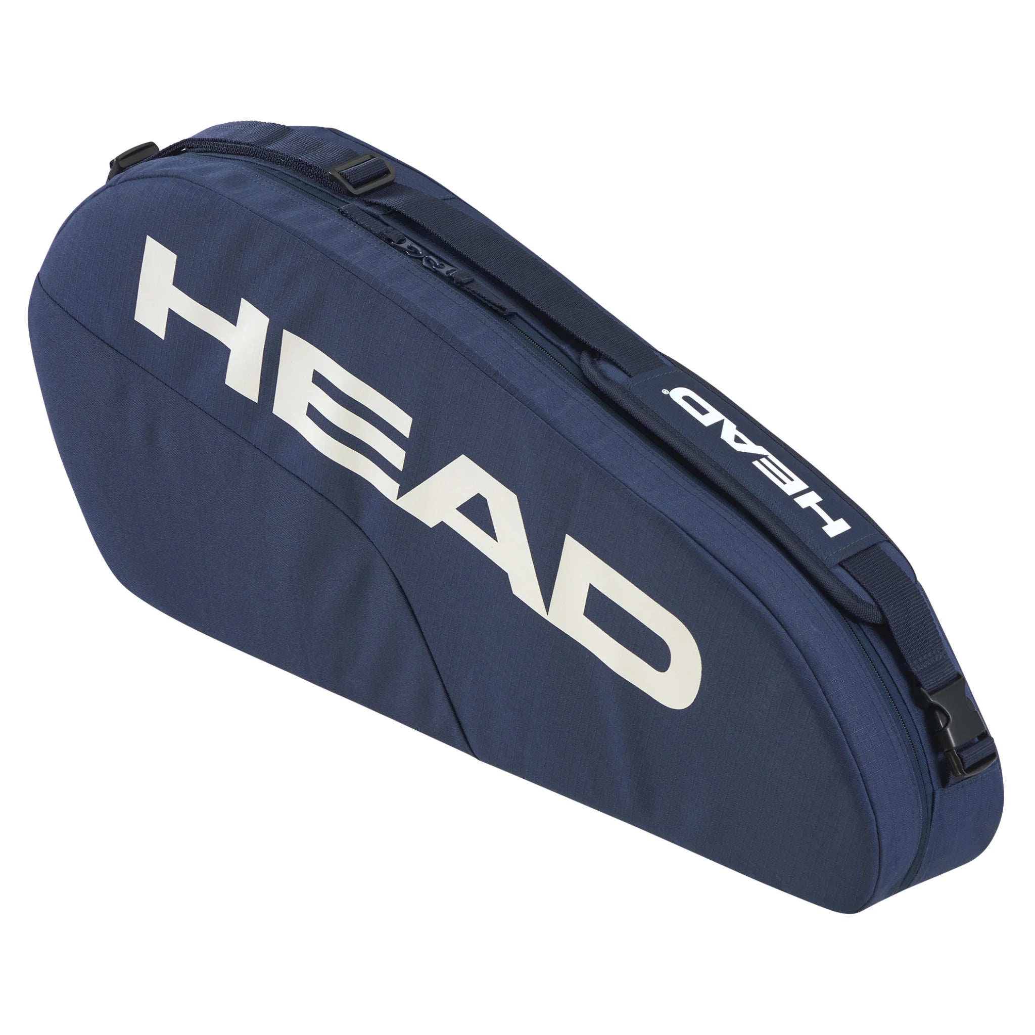 Opposite side-on angled view of HEAD Base Racket Bag Small 16L, 76x32x9 cm, highlighting navy colour and carry handle straps.