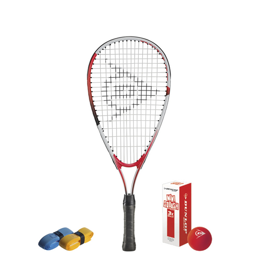 group shot of CX Pro Sport Fun Junior Set: 22in racket (500 cm², head light), 60mm fun balls, blue and yellow grips arranged neatly.