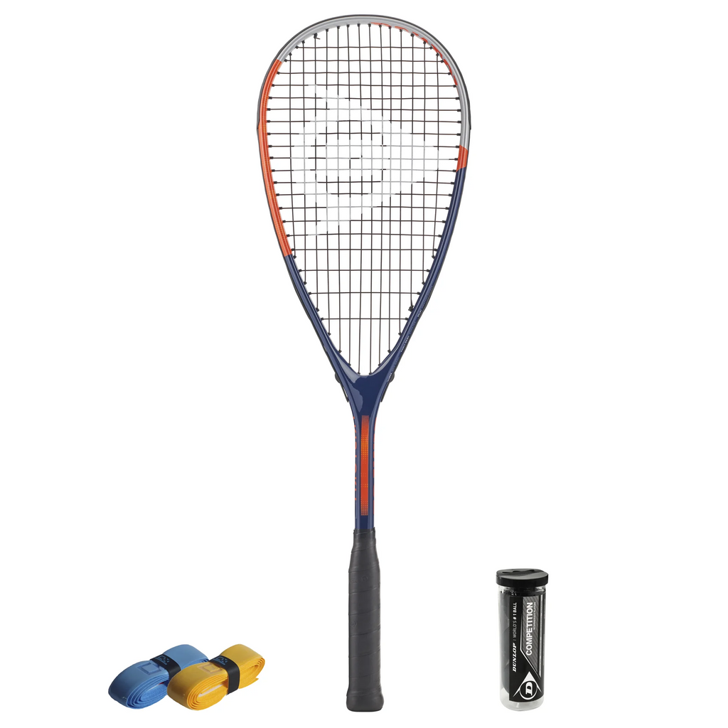 All products together of CX Pro Sport Tristorm Pro squash set with Dunlop Tristorm Pro racket,Dunlop  Competition balls and CX Pro Sport grips, highlighting clear bundle layout. 
