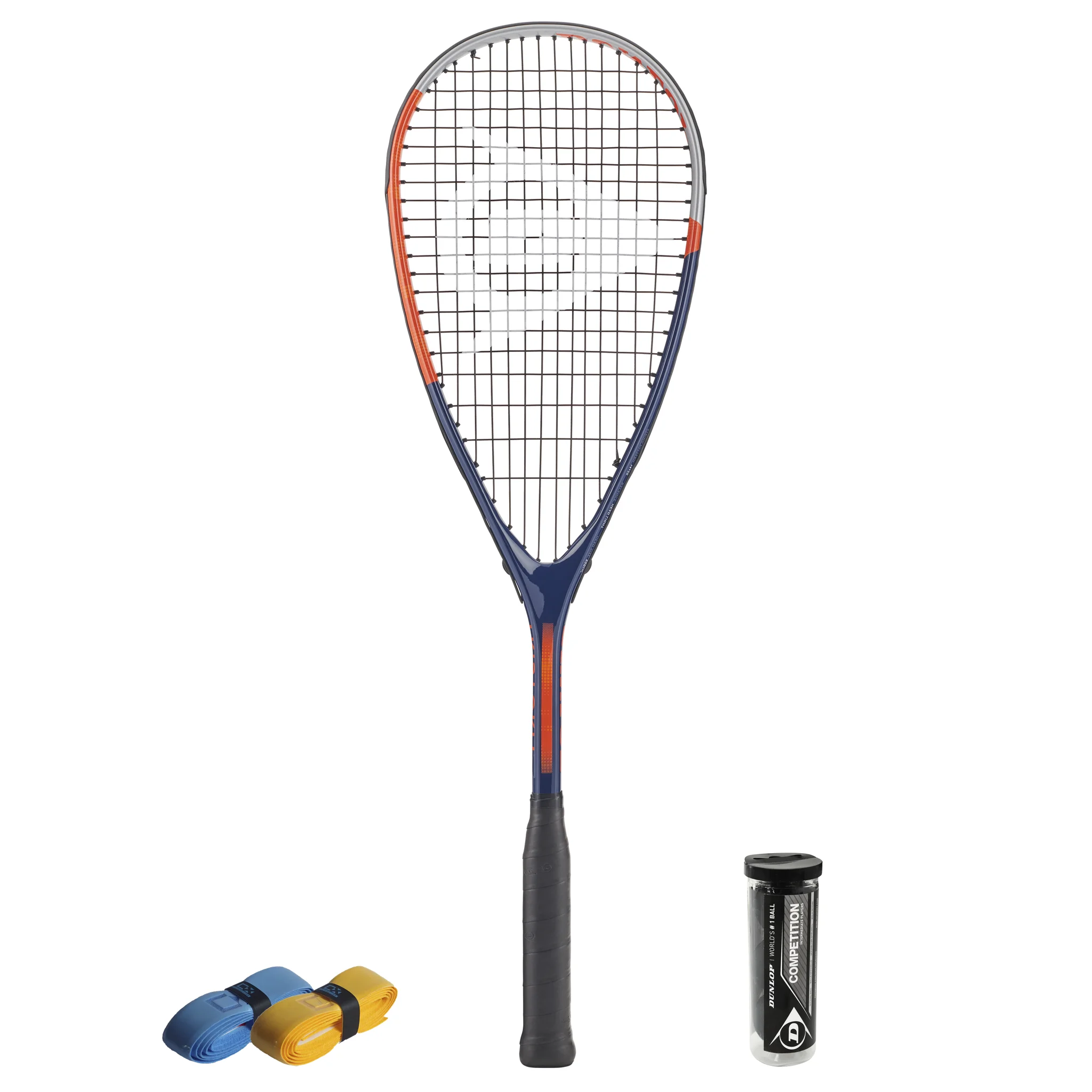 All products together of CX Pro Sport Tristorm Pro squash set with Dunlop Tristorm Pro racket,Dunlop  Competition balls and CX Pro Sport grips, highlighting clear bundle layout. 