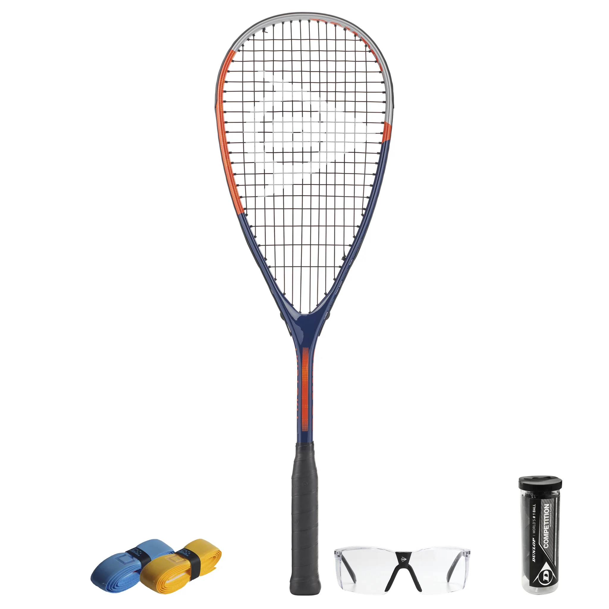 All products together of CX Pro Sport Tristorm Pro adult squash starter set with Dunlop racket, balls, eyewear and CX Pro Sport grips