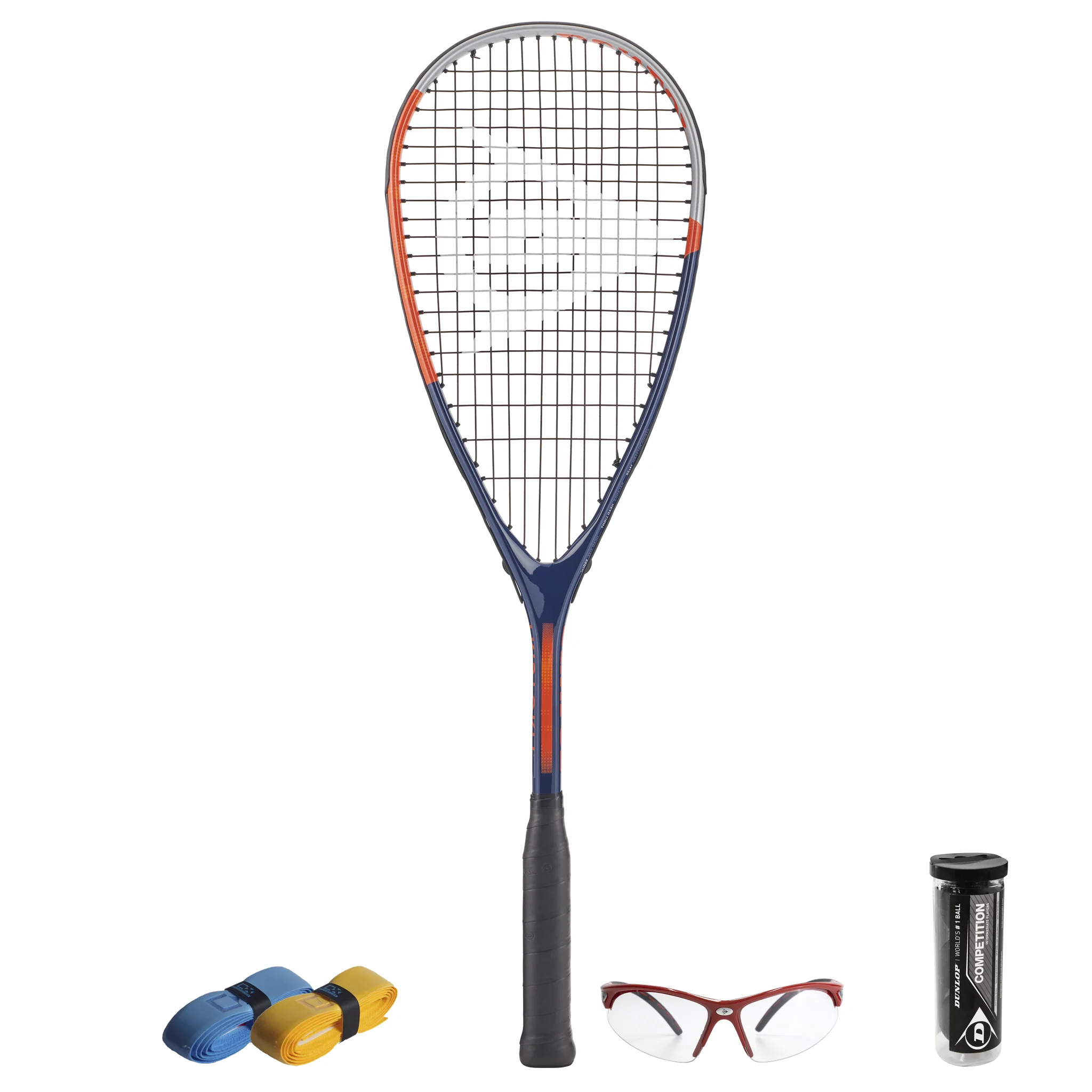 All products together of CX Pro Sport Tristorm Pro Squash Set, 170 g light racket, balls and eyewear, highlighting bundle.