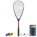 Group shot of Tristorm Pro squash set with 170 g Dunlop racket, intro balls and eyewear, highlighting adult starter contents.