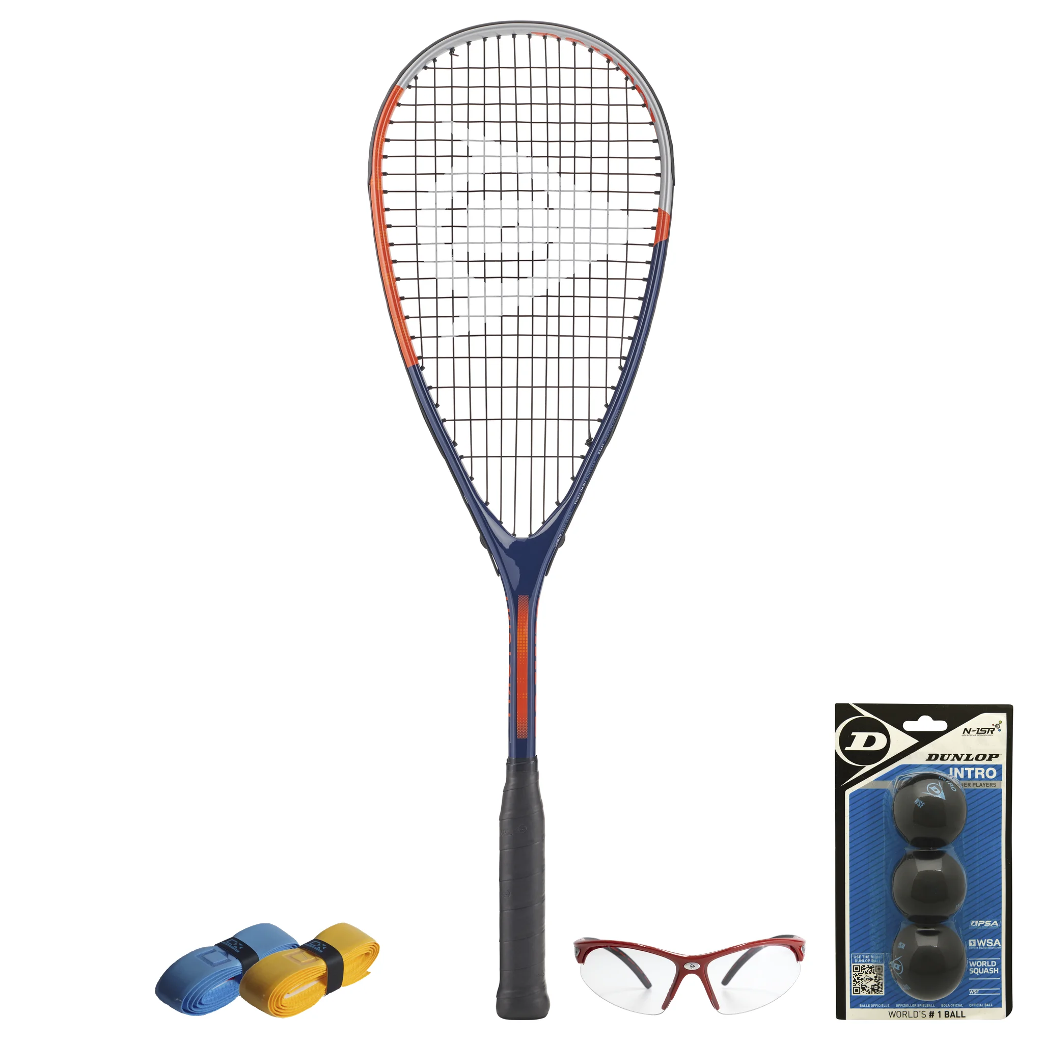 All products together of CX Pro Sport Tristorm Pro squash set with Dunlop racket 170 g, balls, eyewear and CX Pro Sport grips laid out.