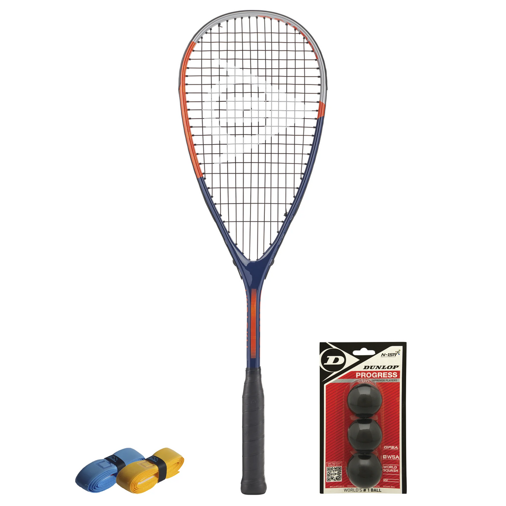 All products together of CX Pro Sport Tristorm Pro Squash Set with Dunlop racket, Progress balls and CX Pro Sport grips.