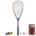 all products of CX Pro Sport Tristorm Pro set with 170 g racket and Progress balls, highlighting starter layout.
front view of Dunlop Tristorm Pro squash set racket, 170 g and 500 cm² head, highlighting open 14x20 string pattern.