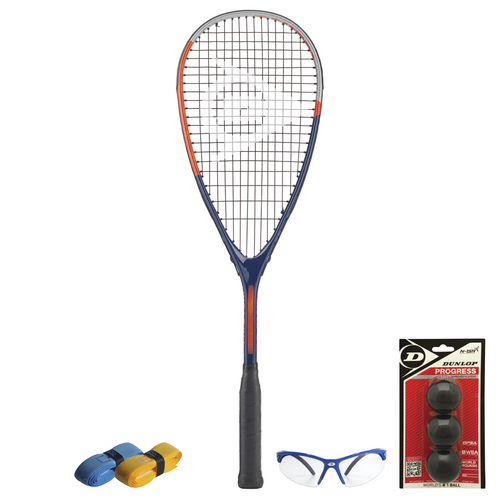 All products together of CX Pro Sport Tristorm Pro Squash Set 170 g, highlighting racket, balls, eyewear and grips.