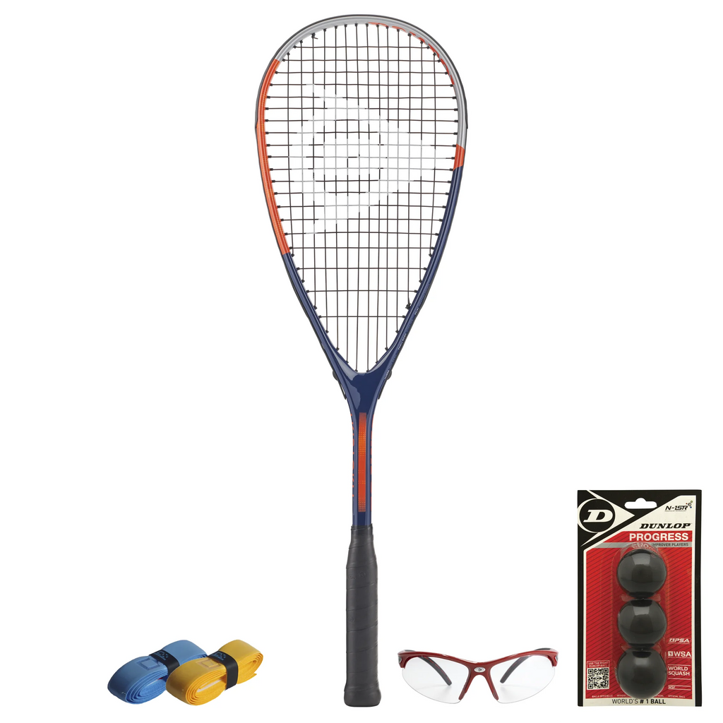 All products together of CX Pro Sport Tristorm Pro Squash Set 170g head light racket, showing full beginner setup layout.