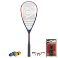 All products together of CX Pro Sport Tristorm Pro Squash Set 170g head light racket, showing full beginner setup layout.