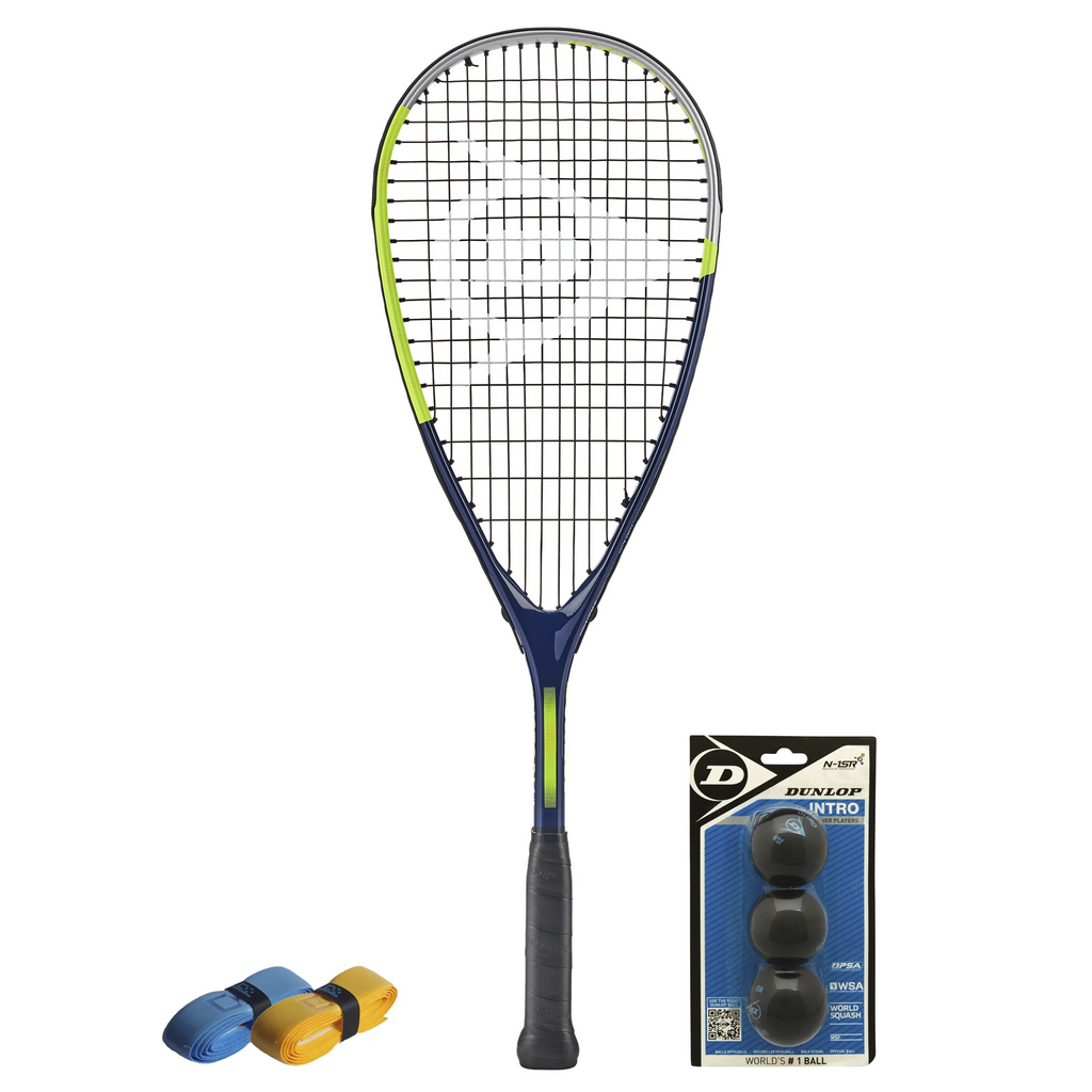 All products together of Tristorm Junior Squash set by CX Pro Sport showing Dunlop racket, intro balls and grips for juniors.