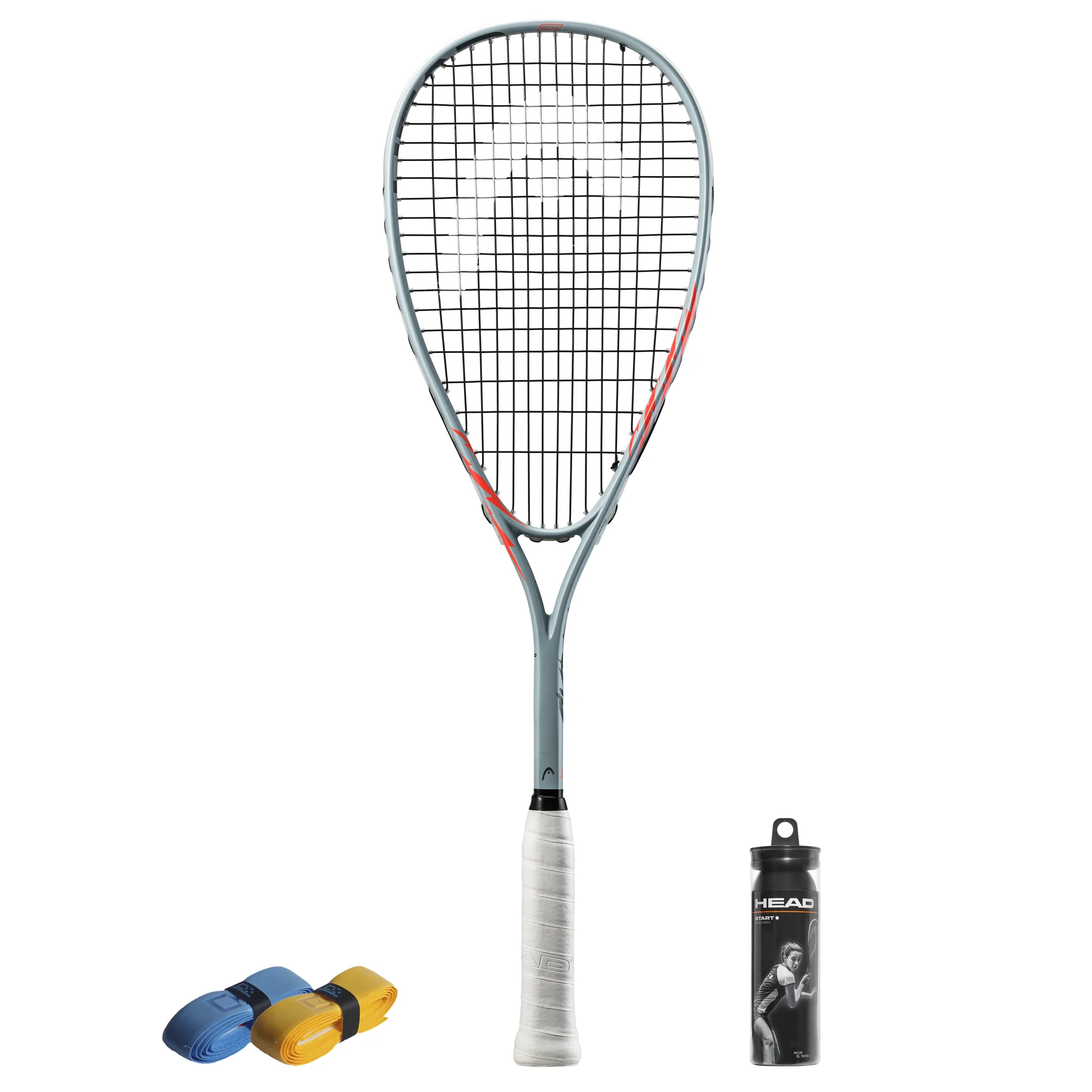 All products together of Head Cyber Elite squash set 190g racket and high-bounce balls, CX Pro Sport grips highlighting full bundle layout on court.