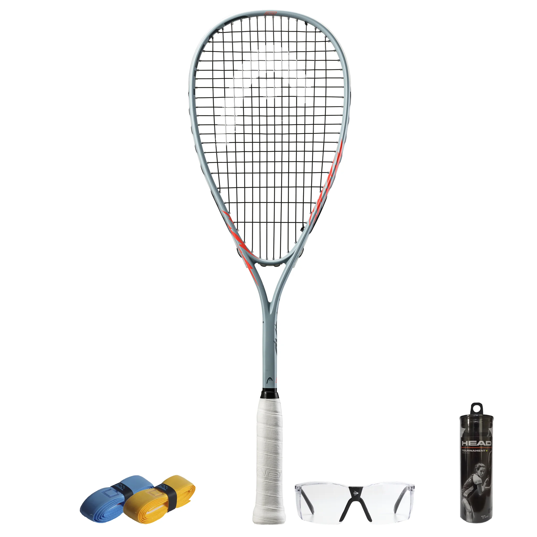 All products together of Head Cyber Elite Squash Set, adult starter kit with Head racket, balls, eyewear and grips.
