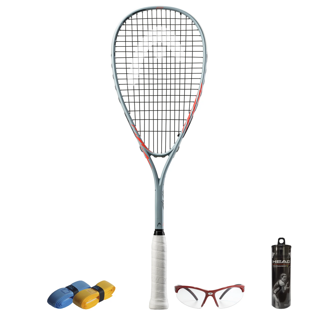 All products together of CX Pro Sport Cyber Elite Squash Set adult starter set with Head Cyber Elite racket, balls, eyewear and grips laid out for club play.