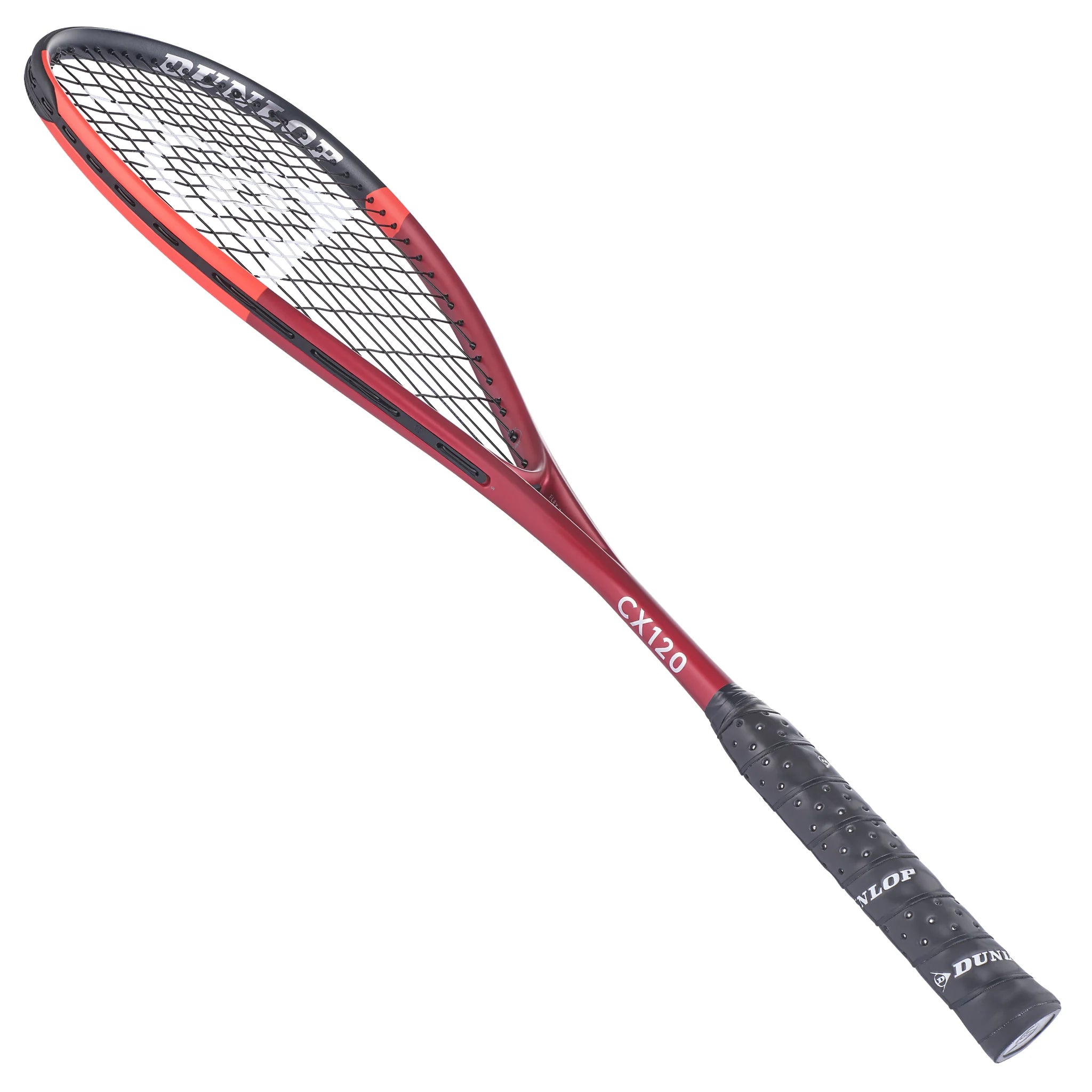 Angled 45° slant to left of Dunlop CX120 squash racket Extra Head Light, 14x18, highlighting frame and grommet layout.
