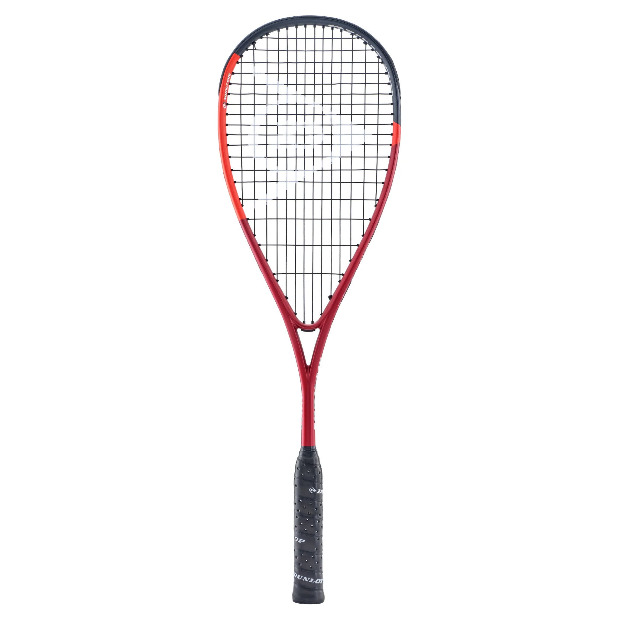 Front view of Dunlop CX120 squash racket 120g, 490cm², Extra Head Light, highlighting hybrid frame and Iconic Pro AF 1.22mm.