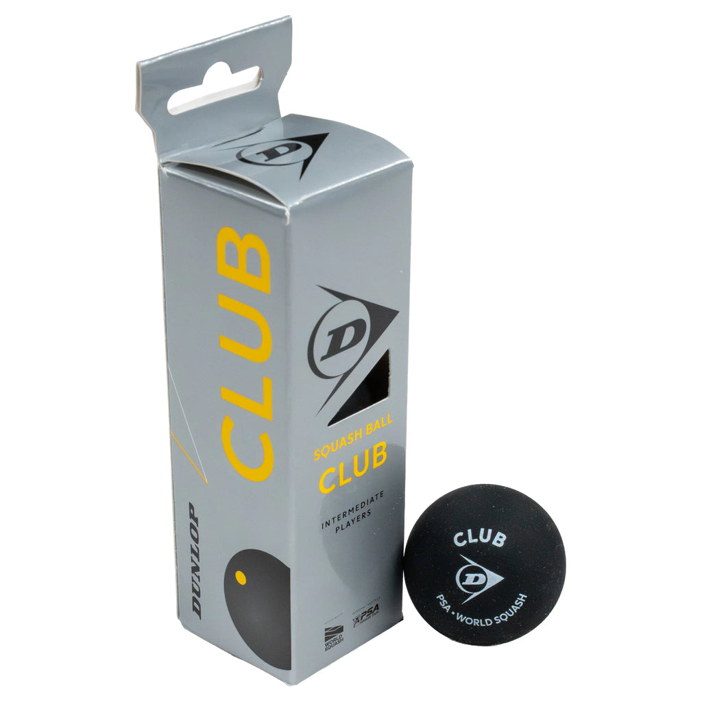 Product image of Dunlop Club Squash Ball – 3 Ball box with one single yellow dot ball beside the box, showing pack format