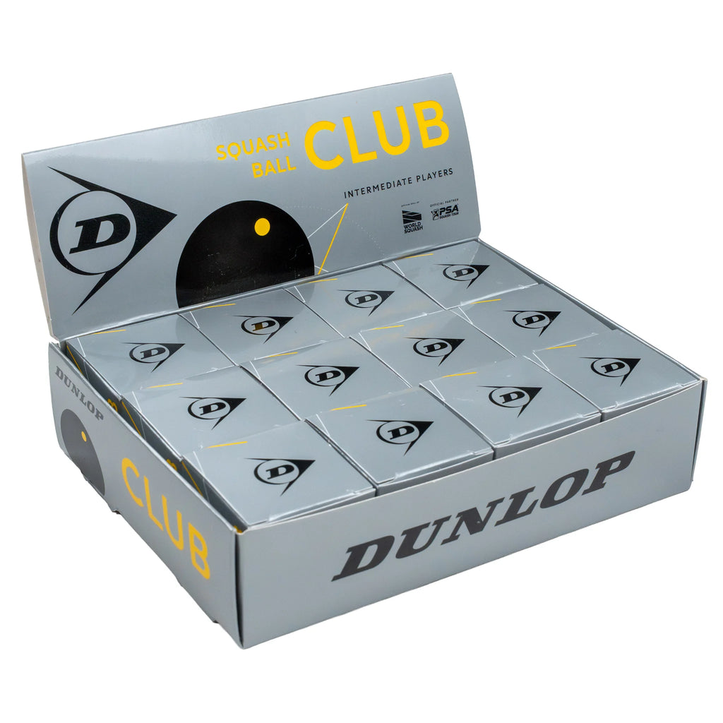 Product image of Dunlop Club Squash Ball 1 Dozen single-ball boxes, highlighting the full boxed dozen pack