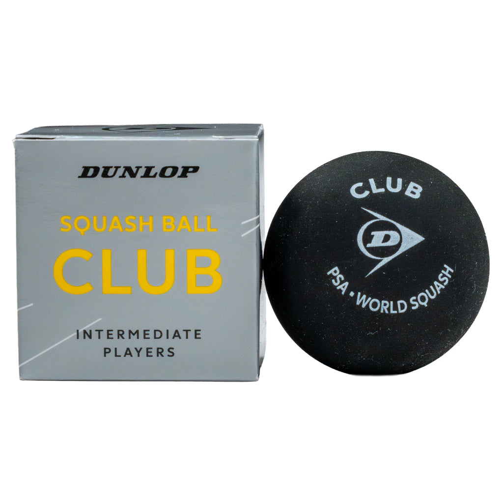 Product image of Dunlop Club Squash Ball single-ball box with squash ball beside it, highlighting retail packaging