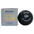 Product image of Dunlop Club Squash Ball single-ball box with squash ball beside it, highlighting retail packaging