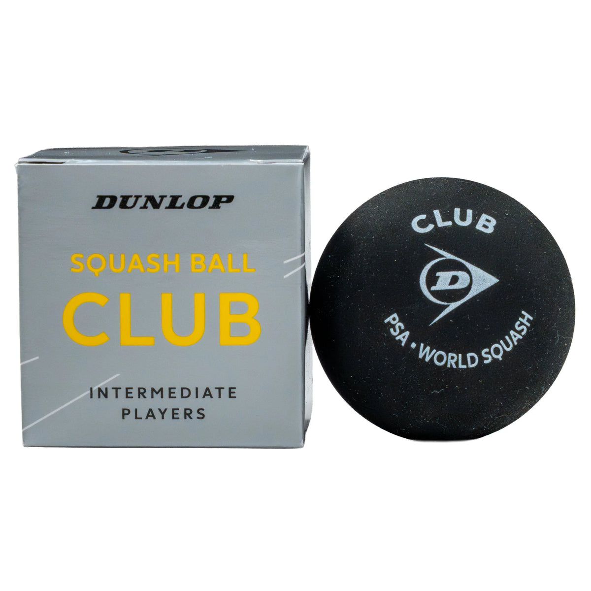 Product image of Dunlop Club Squash Ball single-ball box with squash ball beside it, highlighting retail packaging