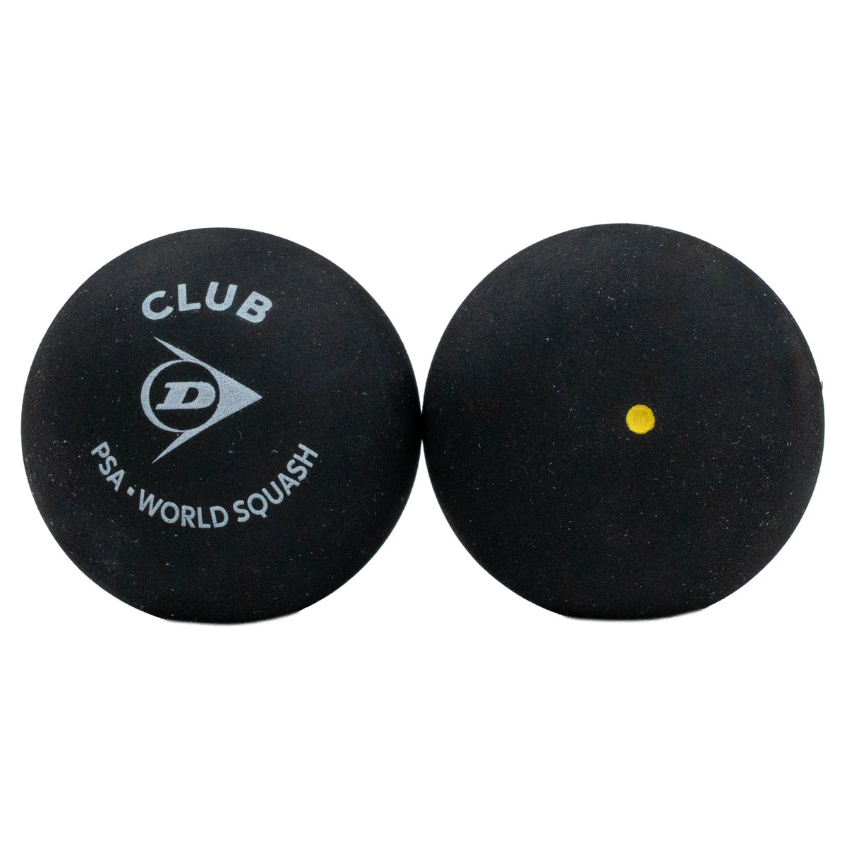 Product image of Dunlop Club Squash Ball with two balls, highlighting the Dunlop logo and single yellow dot