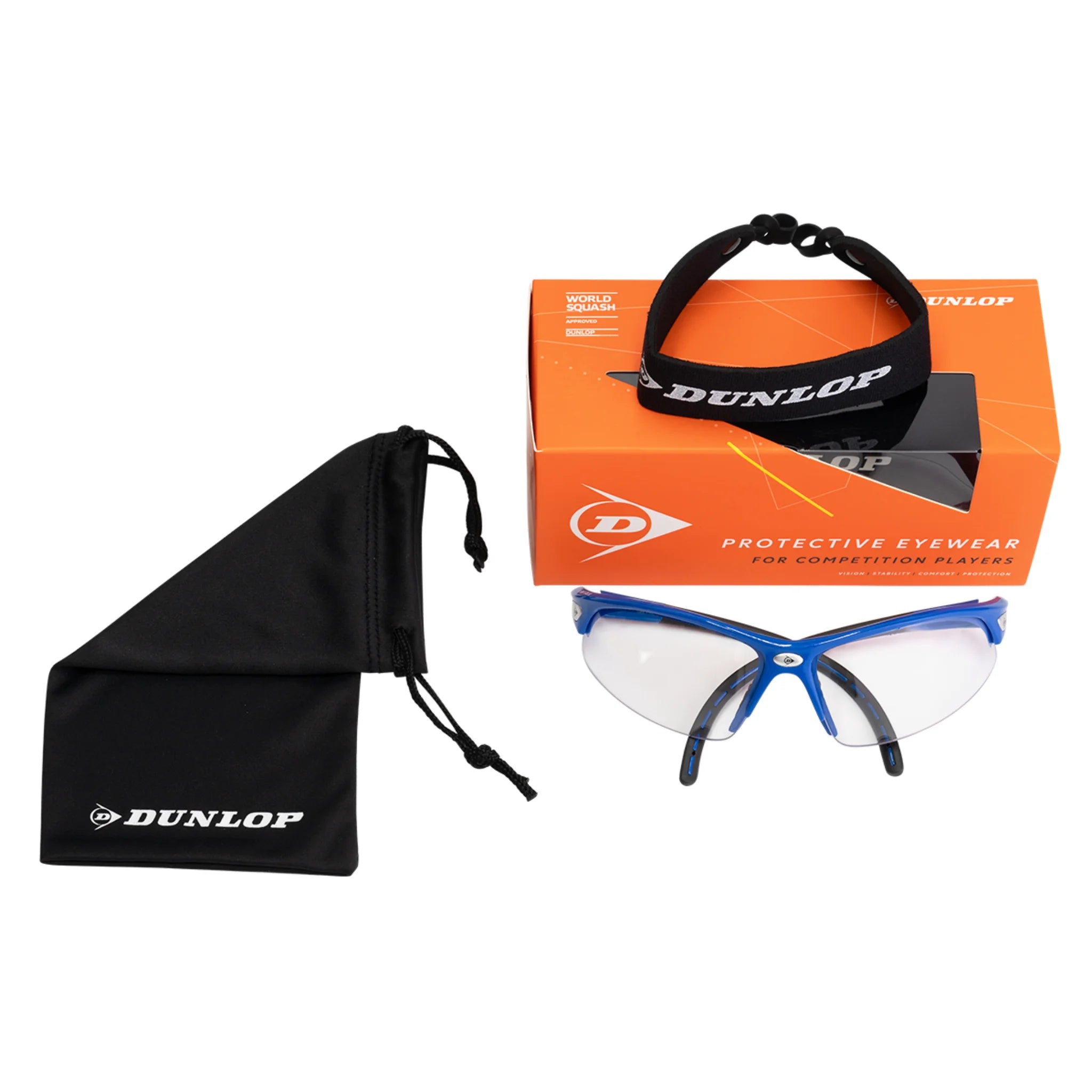 view of all contents of the Dunlop Competition blue and black Protective Eyewear