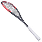 Angled view of Dunlop CX Team 125 squash racket at 45 degrees to left, highlighting head-light balance and slim graphite frame