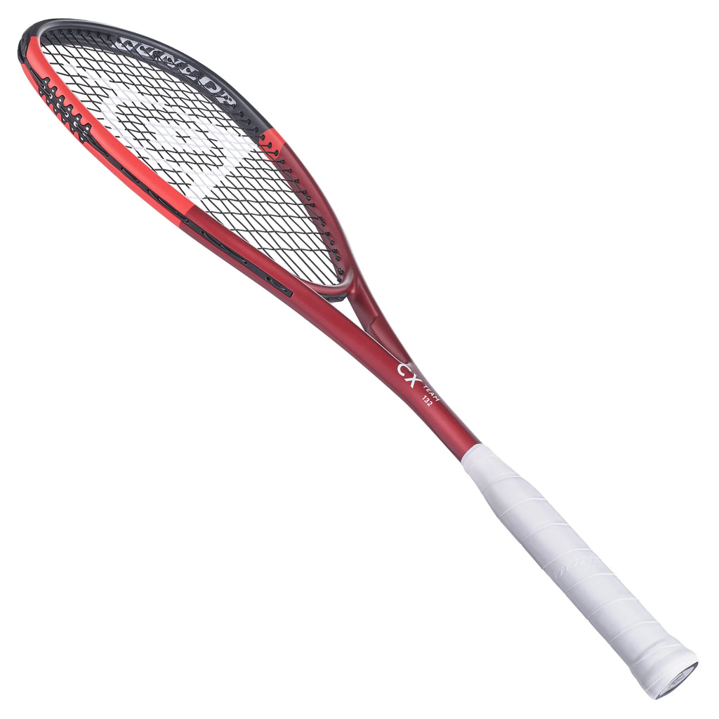 Angled 45° slant to left of Dunlop CX Team 132 squash racket, 132g, highlighting bumper guard detail and grommet layout.