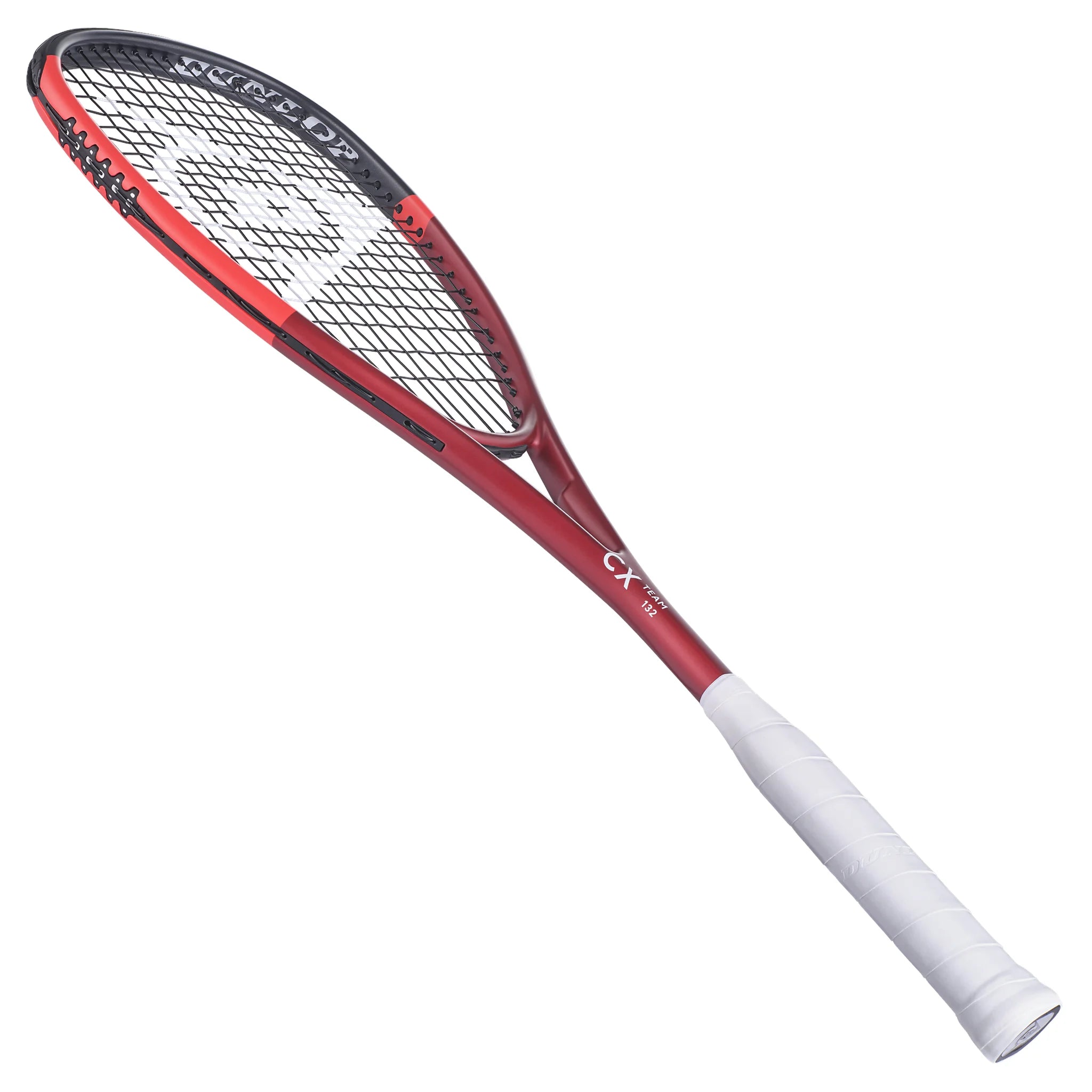 Angled 45° slant to left of Dunlop CX Team 132 squash racket, 132g, highlighting bumper guard detail and grommet layout.