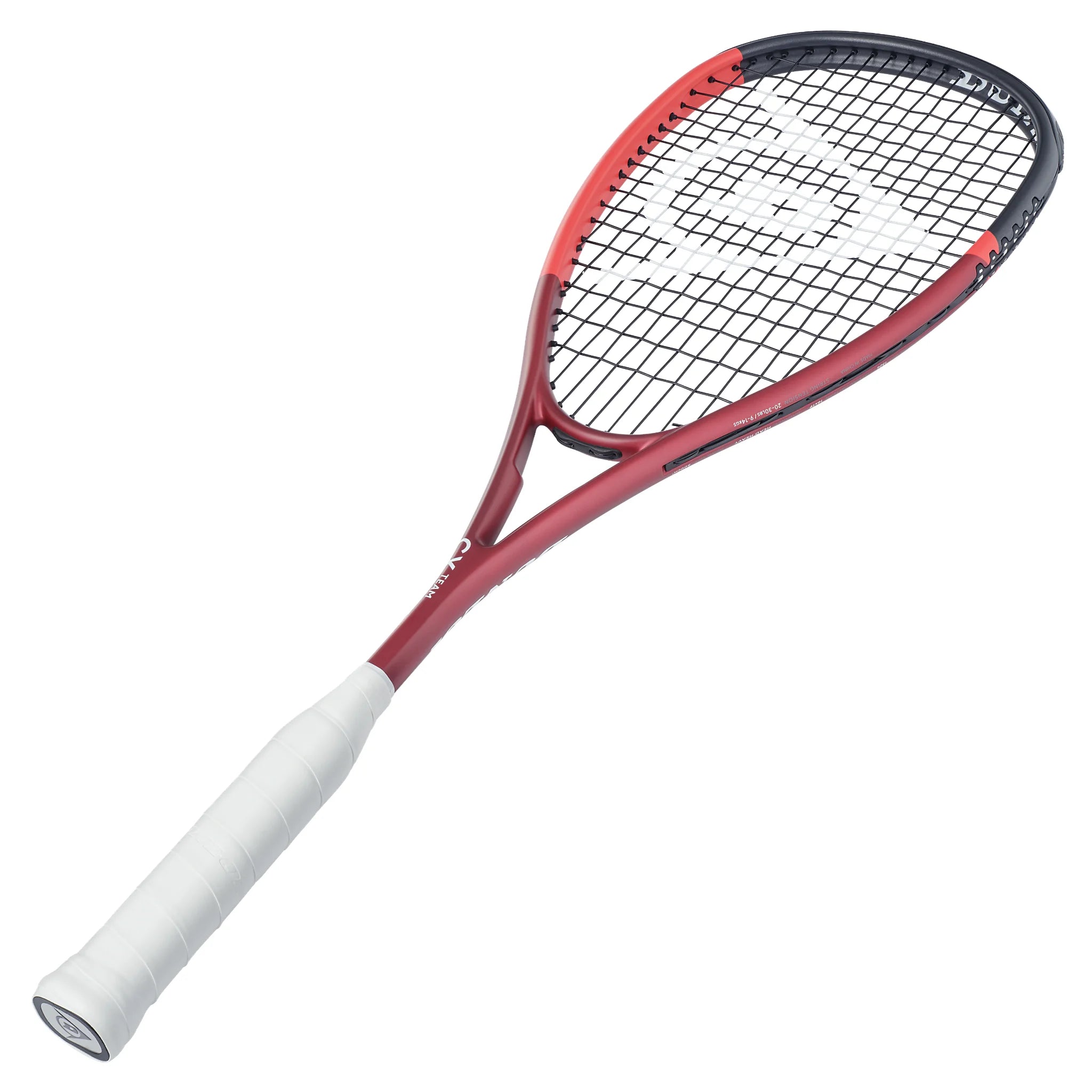 Angled 45° slant to right of Dunlop CX Team 132, 500cm² head, highlighting Power Grommets for a larger sweet spot.