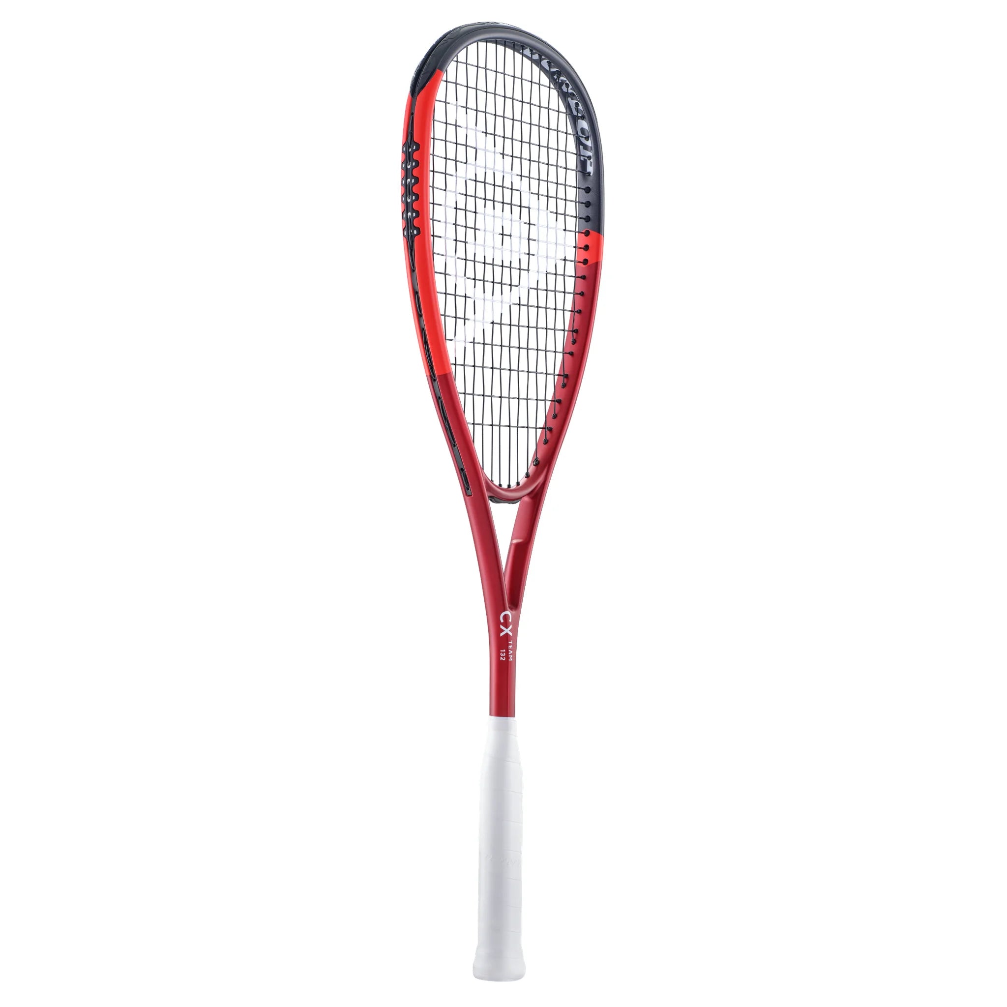 Side profile of Dunlop CX Team 132 squash racket, 132g and head heavy, highlighting ACS throat reinforcement and frame depth.
