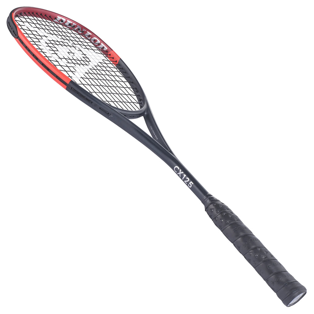 angled 45° slant to left of Dunlop CX125 squash racket 125g, 470 cm² head, highlighting throat with Flex Touch Resin detail