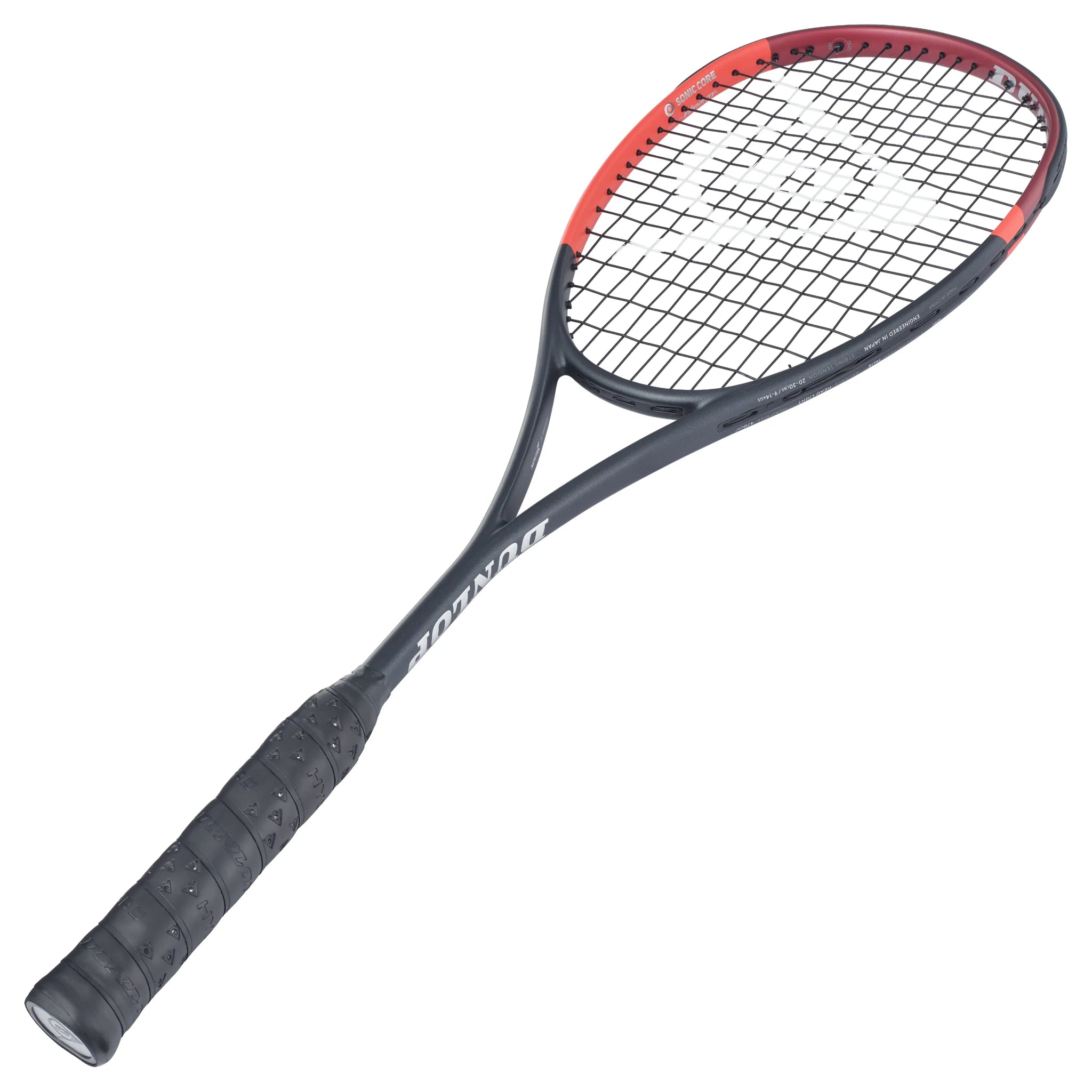 angled 45° slant to right of Dunlop CX125 squash racket 470 cm² head, 14x18 pattern, highlighting Sonic Core at 2 and 10