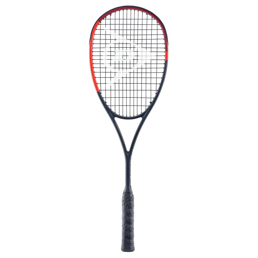 front view of Dunlop CX125 squash racket 125g, 470 cm² head, extra head light, highlighting compact head and 14x18 pattern