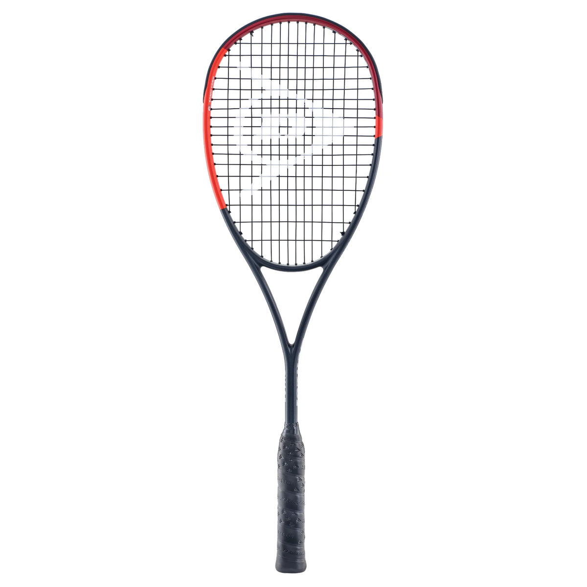 front view of Dunlop CX125 squash racket 125g, 470 cm² head, extra head light, highlighting compact head and 14x18 pattern
