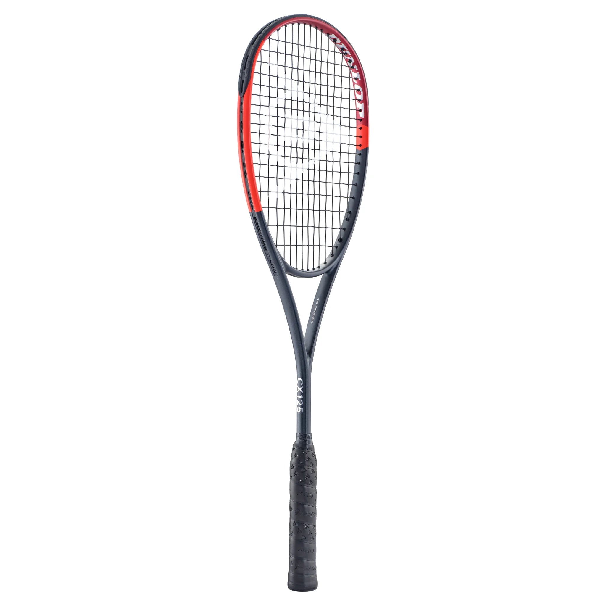side profile of Dunlop CX125 squash racket 125g, extra head light, highlighting slim carbon beam and Hydramax Pro grip