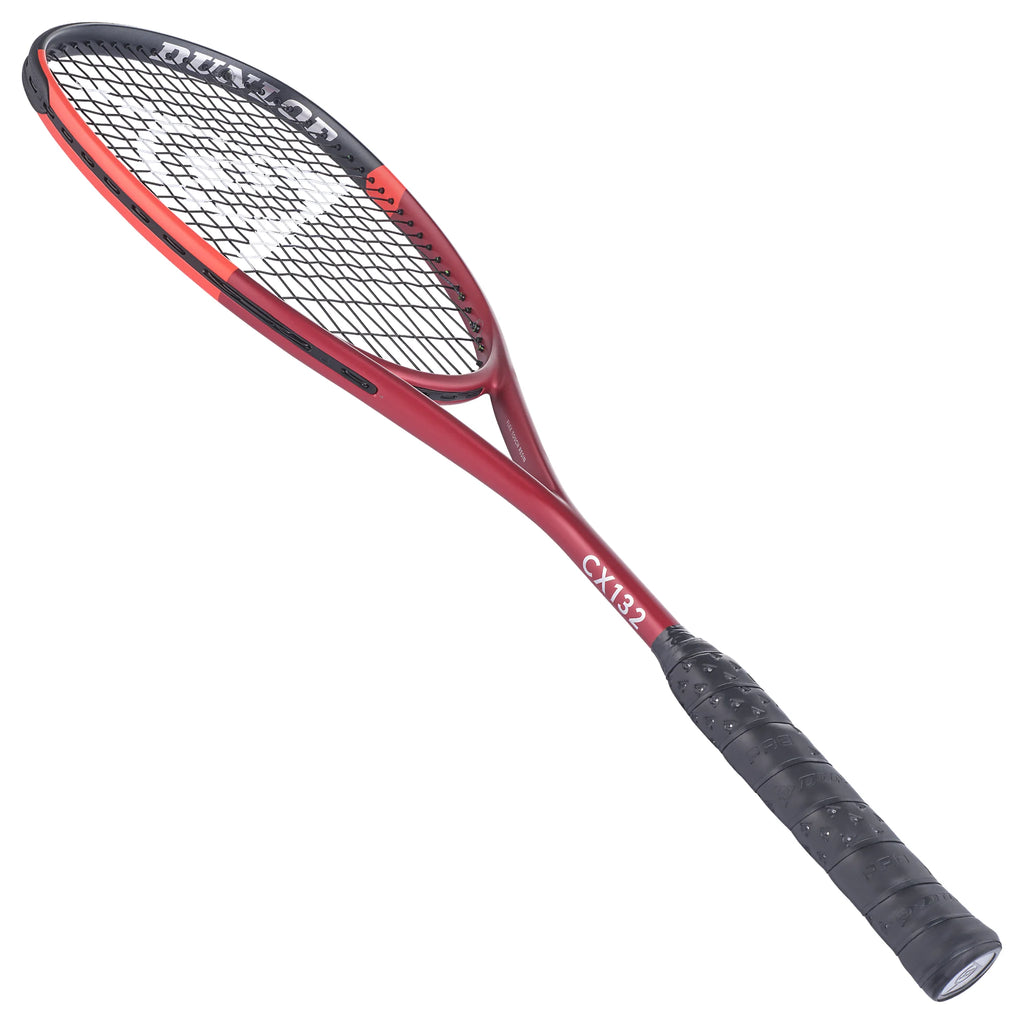 Angled 45° slant to left of Dunlop CX132 squash racket 132g, 16x19, highlighting throat with Flex Touch Resin area for feel.
