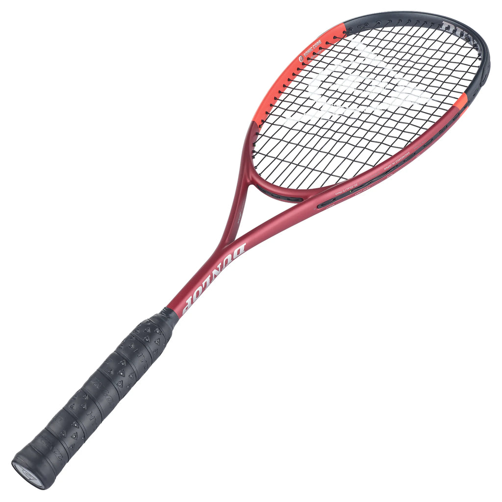 Angled 45° slant to right of Dunlop CX132 squash racket 132g, head light, highlighting Sonic Core zones at 2 and 10 o’clock.