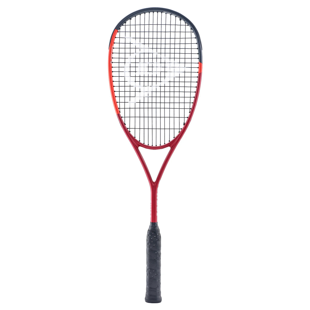 Front view of Dunlop CX132 squash racket 132g, 500 cm², highlighting traditional head shape with Iconic Pro 1.22 string bed.