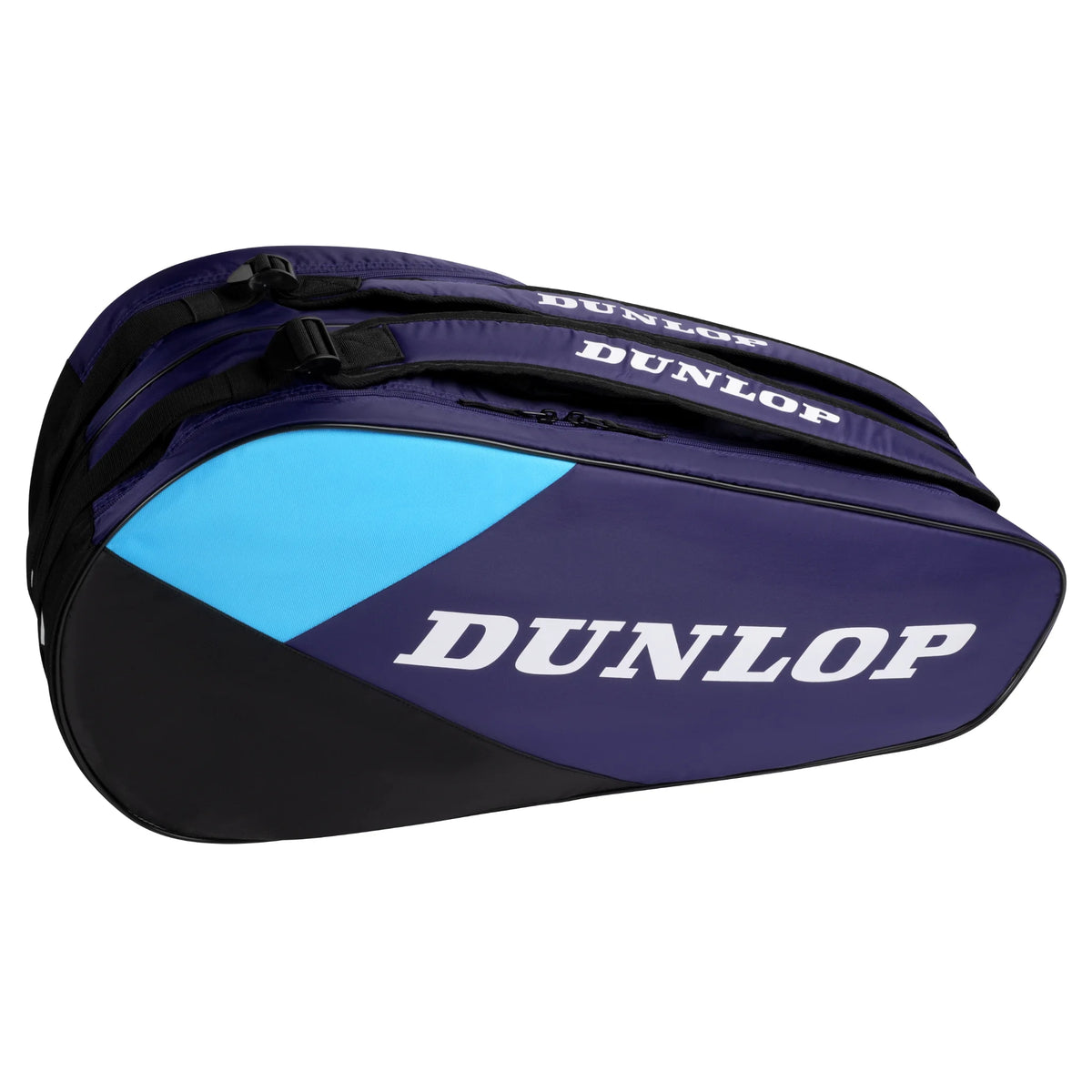 Opposite side-angle image of Dunlop FX Club 10 Racketbag, showing air mesh shoulder straps and bold colourway