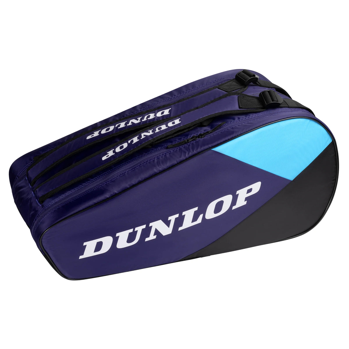 Side-angle image of Dunlop FX Club 10 Racketbag, showing violet, cyan blue and black design and spacious profile