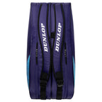 Top image of Dunlop FX Club 10 Racketbag, showing the bag shape, multiple compartments and violet, cyan blue details